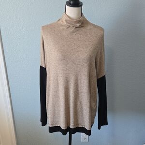NWT KAREN KANE Harvest Moon Color Block Sweater Oat Black Mock Neck SZ LARGE